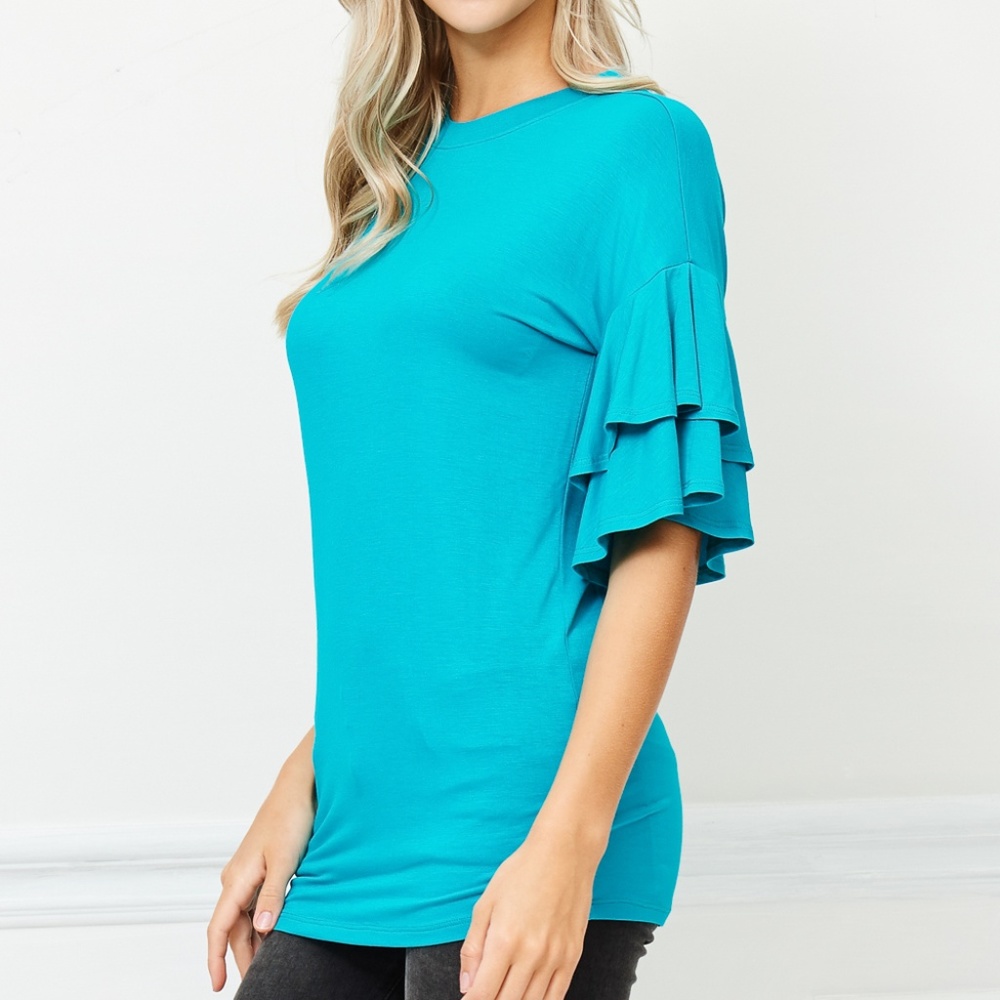 "ROUND NECK RUFFLE SLEEVE TOP" - Picture 4 of 6